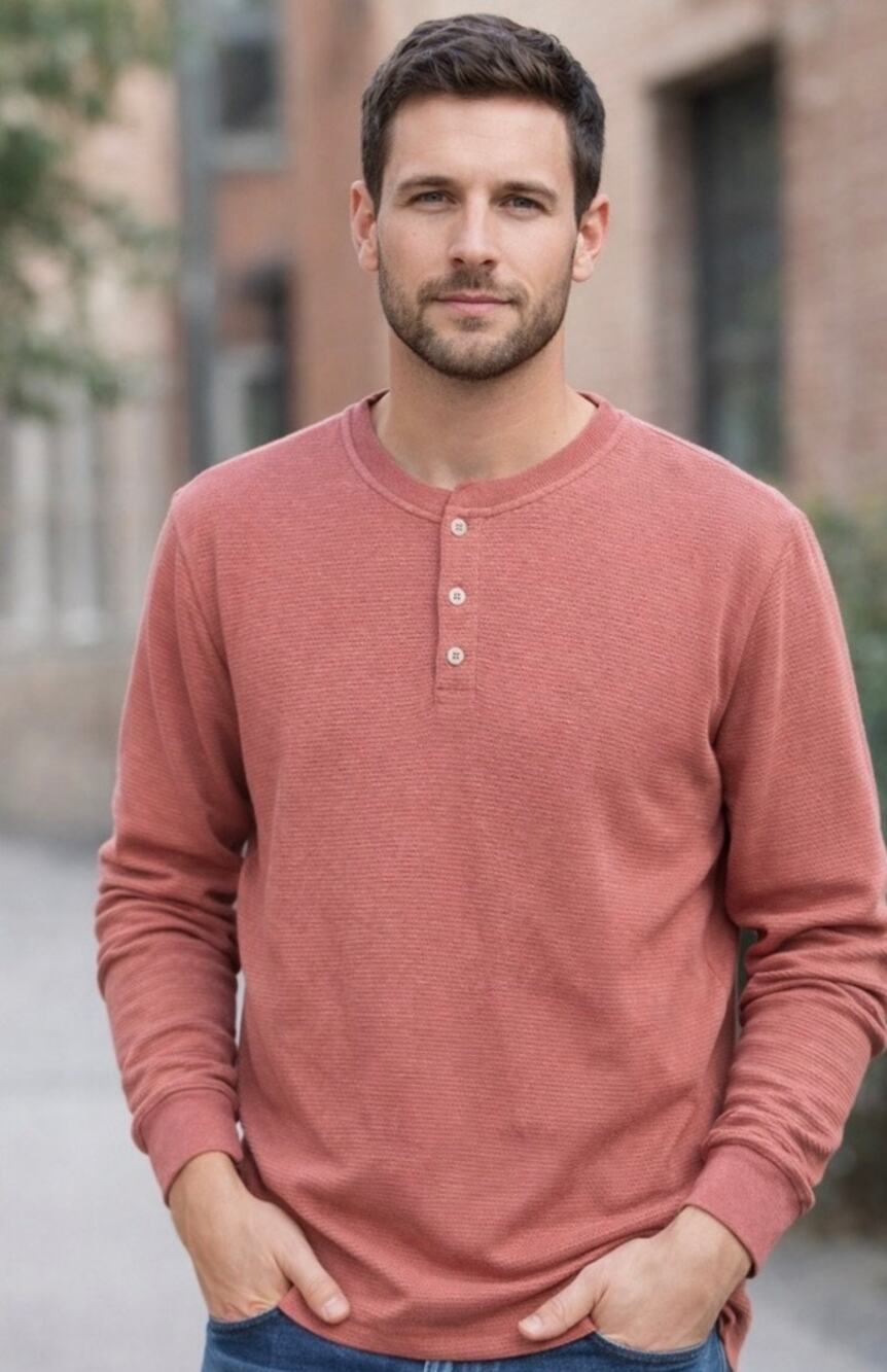 Anapo Men's Long sleeve Soft Knit Coral Waffle Henley Size Small